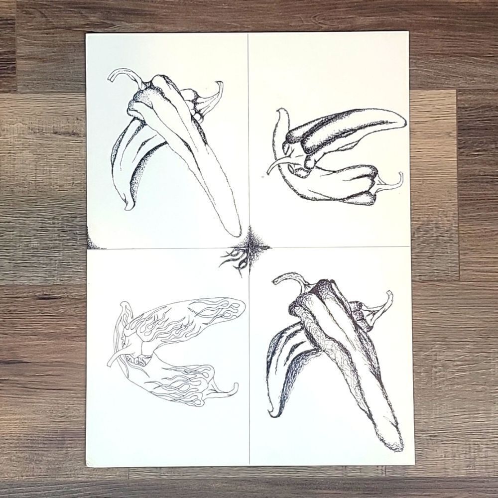 Chili Pepper ink sketches original on art board